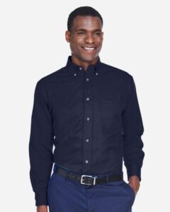 Harriton M500T Men’s Tall Easy Blend™ Twill Dress Shirt – Navy (on model)