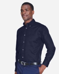 Harriton M500T Men’s Tall Easy Blend™ Twill Dress Shirt – Navy (on model side)