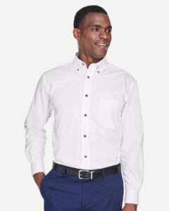 Harriton M500T Men’s Tall Easy Blend™ Twill Dress Shirt – White (on model)