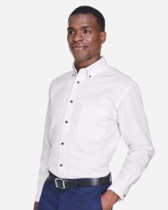 Harriton M500T Men’s Tall Easy Blend™ Twill Dress Shirt – White (on model side)