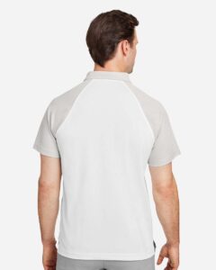 Team 365 TT21C Men’s Command Snag-Protection Colorblock Polo – White/ Sport Silver (on model back)