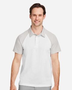 Team 365 TT21C Men’s Command Snag-Protection Colorblock Polo – White/ Sport Silver (on model)