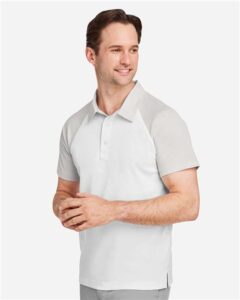 Team 365 TT21C Men’s Command Snag-Protection Colorblock Polo – White/ Sport Silver (on model side)