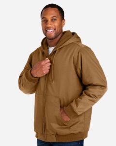 Harriton M722 Unisex ClimaBloc® Heavyweight Hooded Full-Zip Jacket – Duck Brown (on model side)