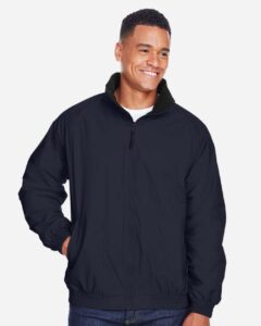 Harriton M740 Unisex Fleece Lined Nylon Jacket – Navy/ Black (on model)