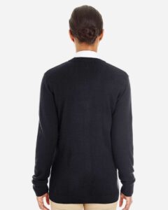 Harriton M425W Women’s Pilbloc V-Neck Button Cardigan Sweater – Black (on model back)