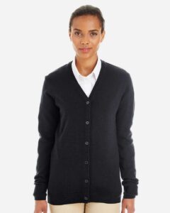 Harriton M425W Women’s Pilbloc V-Neck Button Cardigan Sweater – Black (on model)