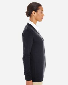 Harriton M425W Women’s Pilbloc V-Neck Button Cardigan Sweater – Black (on model side)