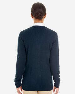 Harriton M425W Women’s Pilbloc V-Neck Button Cardigan Sweater – Dark Navy (on model back)
