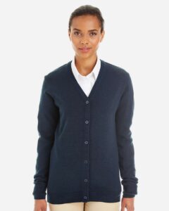 Harriton M425W Women’s Pilbloc V-Neck Button Cardigan Sweater – Dark Navy (on model)