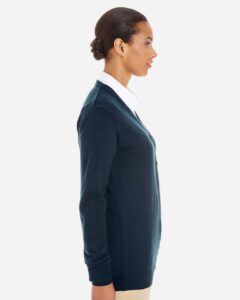 Harriton M425W Women’s Pilbloc V-Neck Button Cardigan Sweater – Dark Navy (on model side)