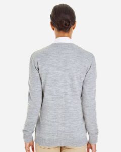 Harriton M425W Women’s Pilbloc V-Neck Button Cardigan Sweater – Grey Heather (on model back)