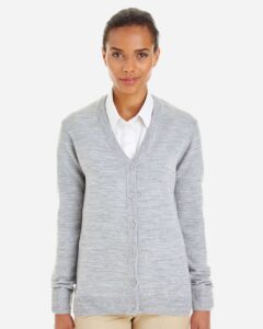 Harriton M425W Women’s Pilbloc V-Neck Button Cardigan Sweater – Grey Heather (on model)