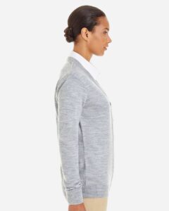Harriton M425W Women’s Pilbloc V-Neck Button Cardigan Sweater – Grey Heather (on model side)
