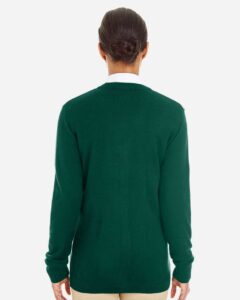 Harriton M425W Women’s Pilbloc V-Neck Button Cardigan Sweater – Hunter (on model back)