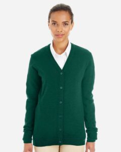 Harriton M425W Women’s Pilbloc V-Neck Button Cardigan Sweater – Hunter (on model)