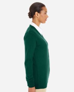 Harriton M425W Women’s Pilbloc V-Neck Button Cardigan Sweater – Hunter (on model side)