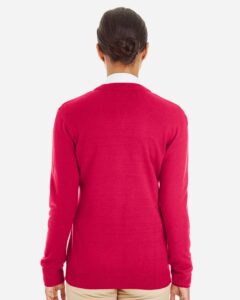 Harriton M425W Women’s Pilbloc V-Neck Button Cardigan Sweater – Red (on model back)