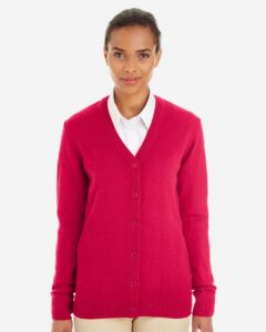 Harriton M425W Women’s Pilbloc V-Neck Button Cardigan Sweater – Red (on model)