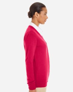 Harriton M425W Women’s Pilbloc V-Neck Button Cardigan Sweater – Red (on model side)