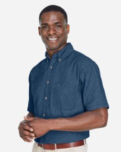 Harriton M550S Men’s Denim Shirt – Dark Denim (on model side)