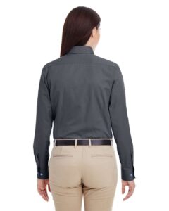 Harriton M581W Women’s Foundation Cotton Twill Shirt with Teflon – Dark Charcoal (on model back)