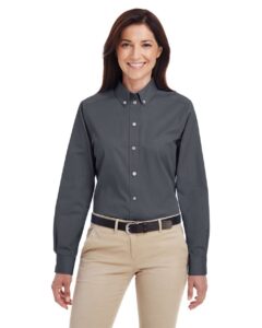Harriton M581W Women’s Foundation Cotton Twill Shirt with Teflon – Dark Charcoal (on model)