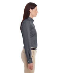Harriton M581W Women’s Foundation Cotton Twill Shirt with Teflon – Dark Charcoal (on model side)