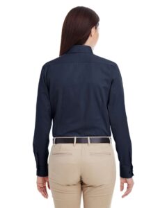 Harriton M581W Women’s Foundation Cotton Twill Shirt with Teflon – Dark Navy (on model back)