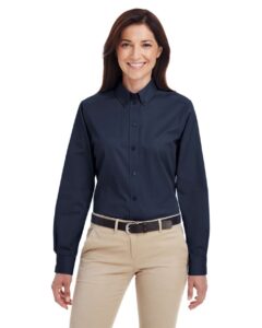 Harriton M581W Women’s Foundation Cotton Twill Shirt with Teflon – Dark Navy (on model)