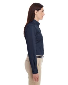 Harriton M581W Women’s Foundation Cotton Twill Shirt with Teflon – Dark Navy (on model side)