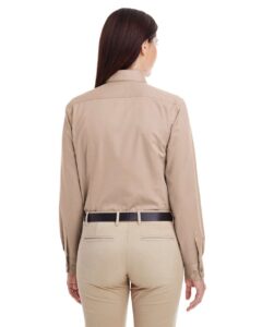 Harriton M581W Women’s Foundation Cotton Twill Shirt with Teflon – Khaki (on model back)