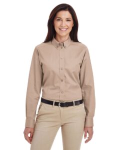 Harriton M581W Women’s Foundation Cotton Twill Shirt with Teflon – Khaki (on model)