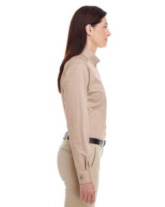 Harriton M581W Women’s Foundation Cotton Twill Shirt with Teflon – Khaki (on model side)
