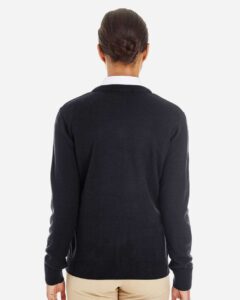 Harriton M420W Women’s Pilbloc V-Neck Sweater – Black (on model back)