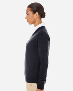 Harriton M420W Women’s Pilbloc V-Neck Sweater – Black (on model side)
