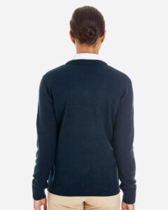 Harriton M420W Women’s Pilbloc V-Neck Sweater – Dark Navy (on model back)