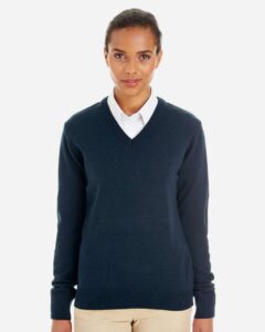 Harriton M420W Women’s Pilbloc V-Neck Sweater – Dark Navy (on model)