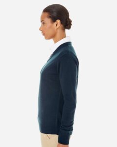 Harriton M420W Women’s Pilbloc V-Neck Sweater – Dark Navy (on model side)