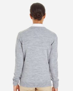 Harriton M420W Women’s Pilbloc V-Neck Sweater – Grey Heather (on model back)