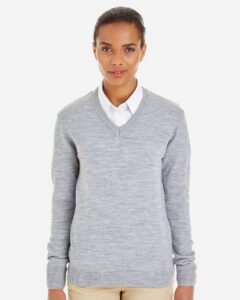 Harriton M420W Women’s Pilbloc V-Neck Sweater – Grey Heather (on model)
