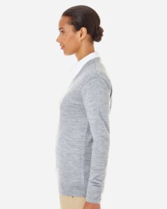 Harriton M420W Women’s Pilbloc V-Neck Sweater – Grey Heather (on model side)