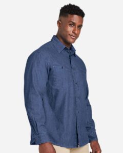 Harriton M540 Unisex Denim Shirt Jacket – Dark Denim (on model side)