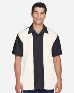 Harriton M575 Men’s Two-Tone Camp Shirt – Black/ Cream (on model)