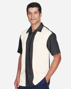 Harriton M575 Men’s Two-Tone Camp Shirt – Black/ Cream (on model side)