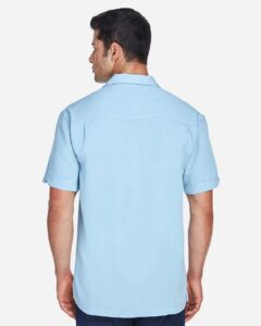 Harriton M575 Men’s Two-Tone Camp Shirt – Cloud Blue/ Cream (on model back)
