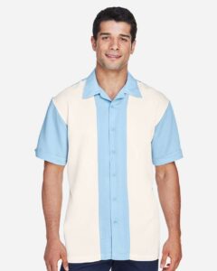 Harriton M575 Men’s Two-Tone Camp Shirt – Cloud Blue/ Cream (on model)