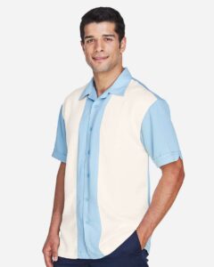 Harriton M575 Men’s Two-Tone Camp Shirt – Cloud Blue/ Cream (on model side)
