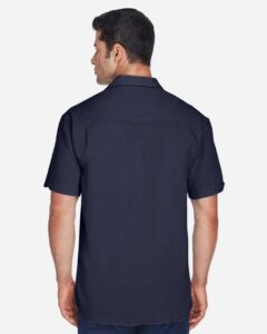 Harriton M575 Men’s Two-Tone Camp Shirt – Navy/ Cream (on model back)
