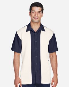 Harriton M575 Men’s Two-Tone Camp Shirt – Navy/ Cream (on model)
